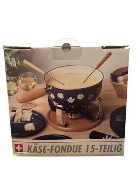 Käse-Fondue 15-Piece Set Enamel Pot Burner Ceramic Plates & Forks Swiss Made